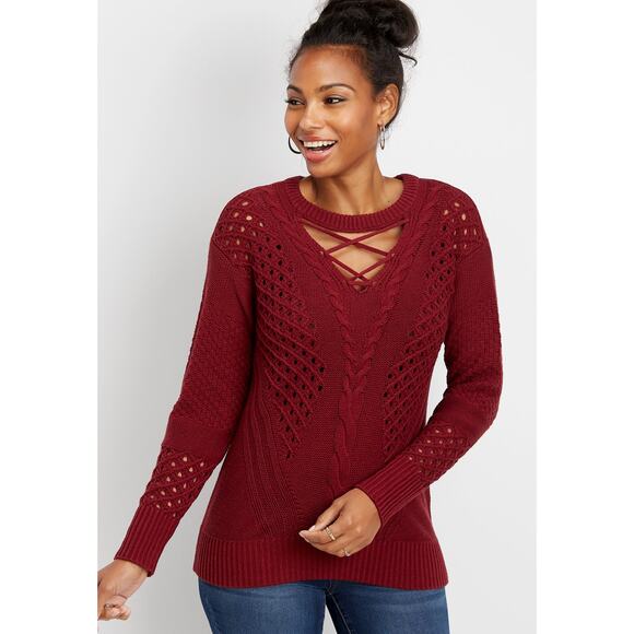 Maurices Burgundy Red Strappy Chunky Knit Sweater Women's Size Small - Picture 1 of 6